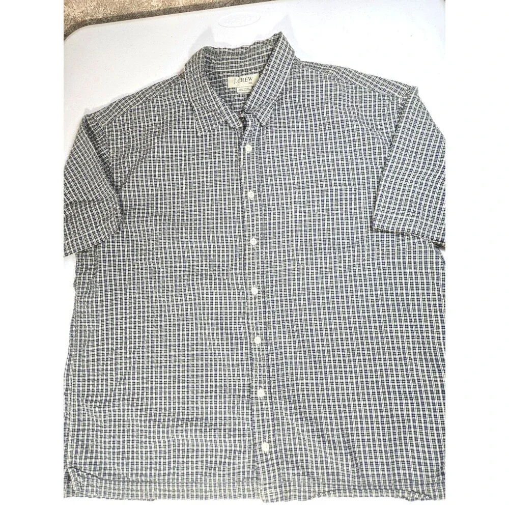 J. Crew Men’s Blue White Green Gingham Seersucker  Button-Down Shirt Size XXL